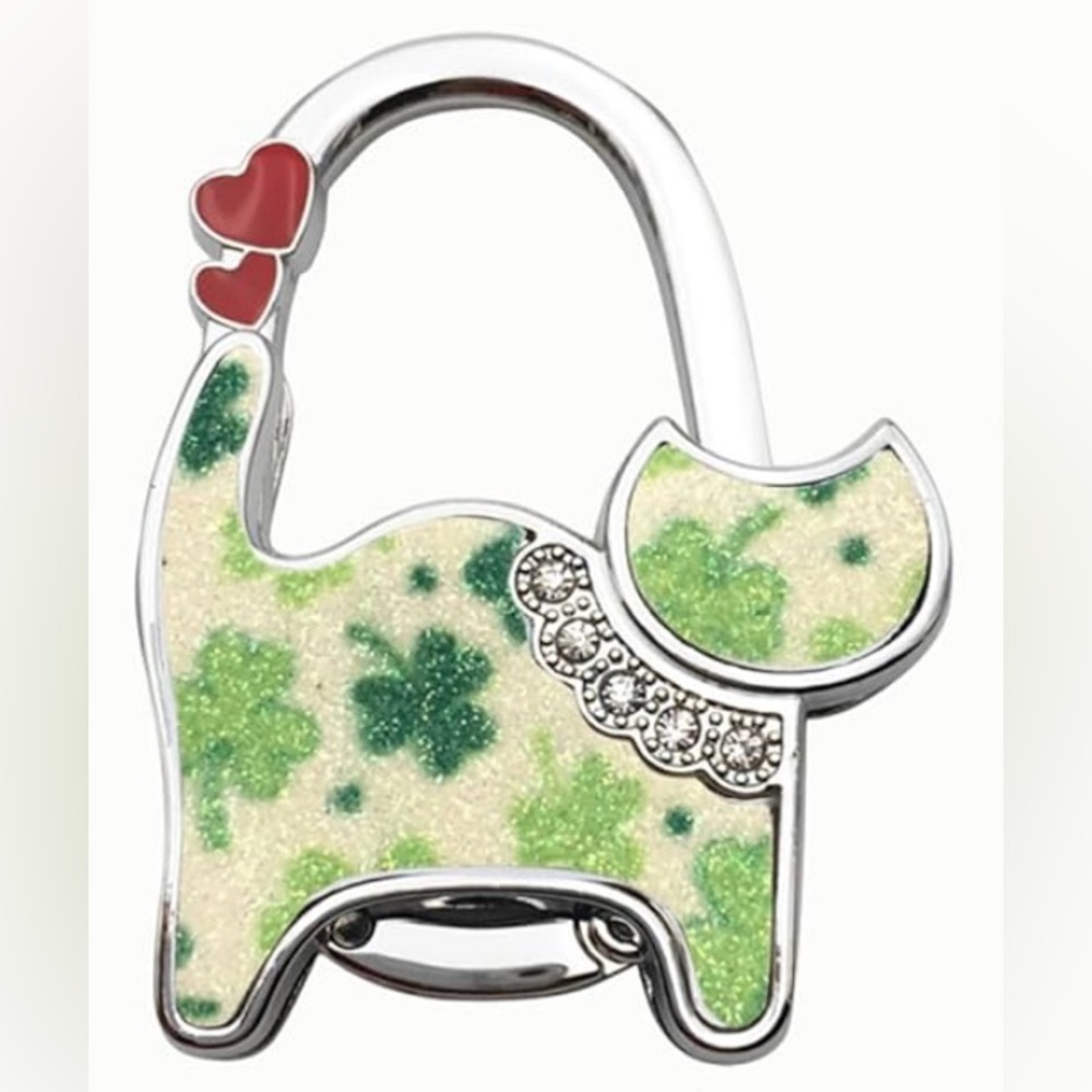 🐈☘️NEW Purse Hook Bag Charm Table Hanger Green Clover Foldable Cute Cat Shape 🛍️